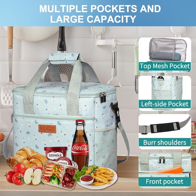 iknoe Large Cooler Bag Collapsible, 15L Insulated Bags, Leakproof Lunch Cooler Tote with Multi-Pockets for Adult, Insulated Lunch Box for Beach, Picnic,Work, Nattier Blue 24-Can