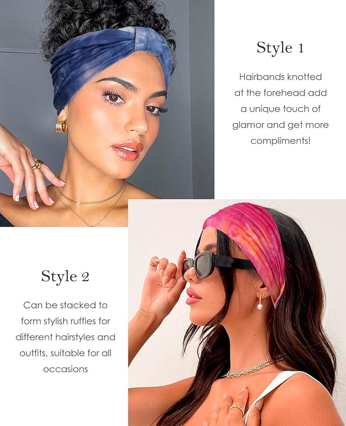 Artilady 7'' Wide Headbands for Women Tie Dye - Large Soft Cloth Headwrap Elastic Stretchy Head Bands Boho Turban Hair Bands Non Slip Hair Accessories 6 PCS