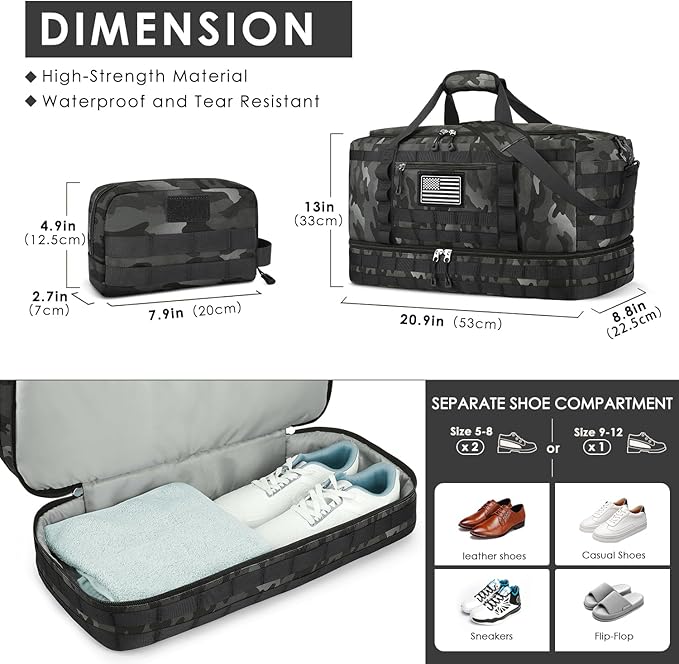 ETRONIK Travel Bag for Men Women, Gym Bag & Tactical Duffle Bags for Travel, Carry on with Toiletry Bag and Shoe Compartment, Weekender Overnight Trip with Wet Pocket for Workout Medical, Black Camo