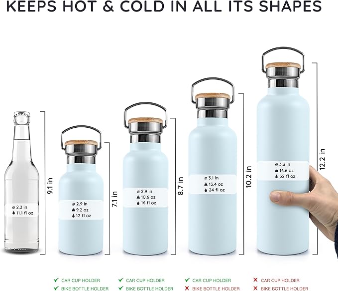 Bambaw Thermo Water Bottle 16 oz, Light Blue Water Bottle Stainless Steel, Insulated Water Bottle with Handle, Portable Water Bottle, Hot Water Bottle, Stainless Steel Water Bottle – Ice Blue