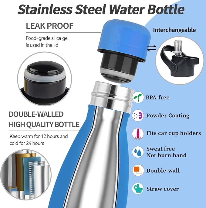 Insulated Water Bottle, 17oz Stainless Steel Water Bottles with straw lid, Metal Sports Water Bottles for Boys,Girls, Double Wall Vacuum BPA-Free Flask for School, Sports (Ocean Blue)