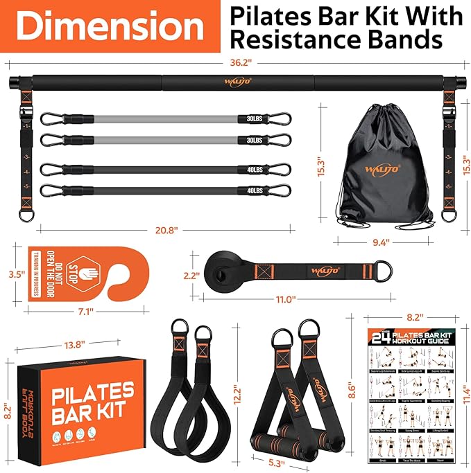 Pilates Bar Kit with Resistance Bands, 3-Section Multifunctional Yoga Pilates Bar with Metal Adjustment Buckle.Portable Pilates Equipment for Women & Men Full-Body Workouts at Home Gym