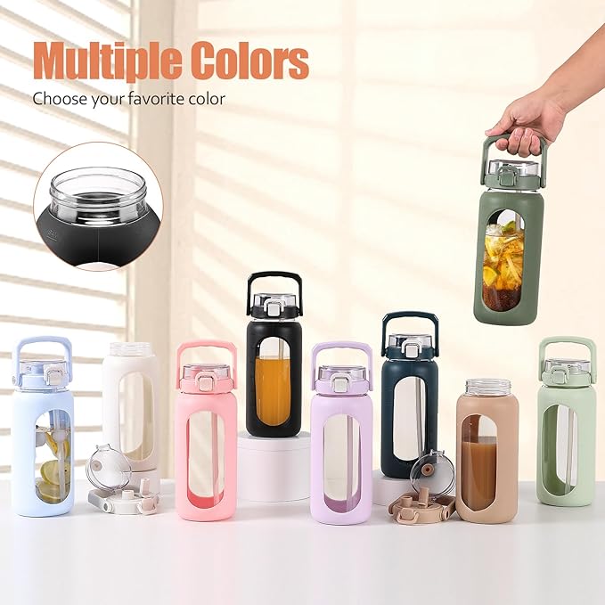 BLUEGO 64oz Glass Water Bottle with Handle and Straw, Motivational Sports Water Bottle with Time Marker and Silicone Sleeve Leakproof Drinking Bottle for Travel Gym Workout, Black