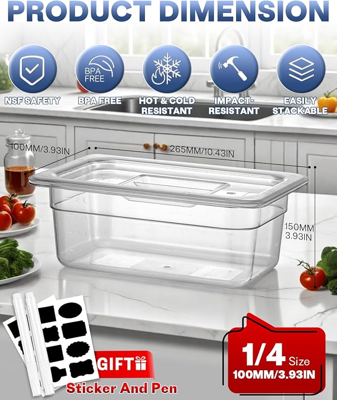 1/4 Size&4 Inch Commercial Food Pan with Lids-[NSF Certified][Hot&Cold Resistant] 4PCS Clear Restaurant Food Storage Containers with Lids, Topping Salad Bar Container (BPA-FREE)