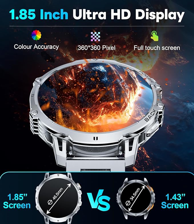 LIGE Military Smart Watches for Men(2 Bands),1000mAh/1.85" HD Large Screen Smartwatch, Flashlight/110+ Sports Modes/IP68 Waterproof/Sleep Monitor, Fitness Tracker Watch for Android iOS,Silver