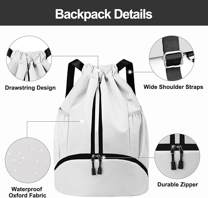 Hoedia Sports Drawstring Backpack - String Swim Gym Bag with Shoes Compartment and Wet Proof Pocket for Women/Men (White)