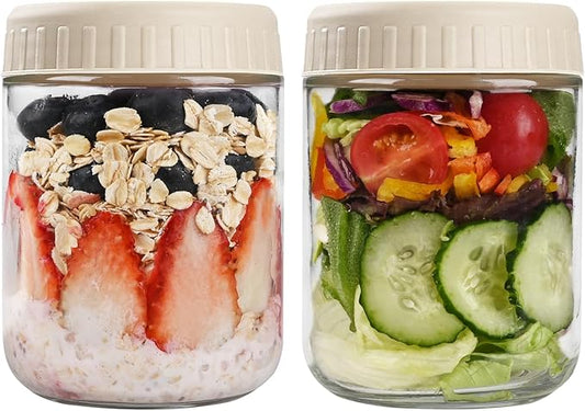 Overnight Oats Containers with Lids, 16oz Glass Jars with Lids 2 pcs, Apricot, Wide Mouth Mason jars for Salad, Yogurt, Snacks, Meal Prep