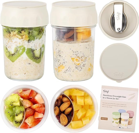 SOLIGT 2 Pack Overnight Oats Containers with Lids, Folding Spoons and Divided Compartments for Fruit & Nuts, Small Glass 16oz Mason Jars for Oatmeal Yogurt Parfait (2 Set-Oat White/Oat White)