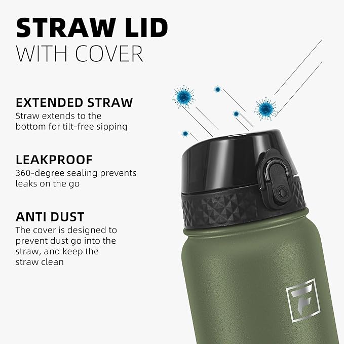 Fanhaw 40 Oz Stainless Steel Insulated Sports Water Bottles with Straw for Kids, Men and Women (Olive Green)