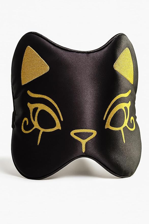 Silk Sleep Mask Blindfold Eye Mask for Sleep Cute Cat Print Embroidered Eye Cover Adjustable Oversized Egyptian Bastet with Gift Box&Pouch（Midnight Bastet-Elastic Strap）