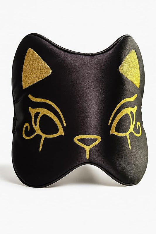 Silk Sleep Mask Blindfold Eye Mask for Sleep Cute Cat Print Embroidered Eye Cover Adjustable Oversized Egyptian Bastet with Gift Box&Pouch（Midnight Bastet-Elastic Strap）