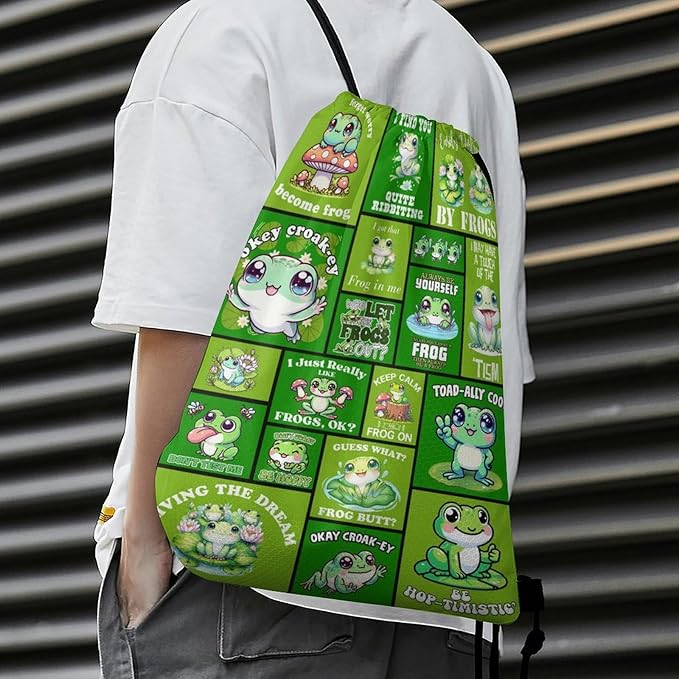 Frog Drawstring Backpack - Cute Cinch Sack, String Backpacks for Kids Women Men Boys Girls for Gym Outdoor Sports Travel Athletic Drawstring Bag - Lightweight/Foldable