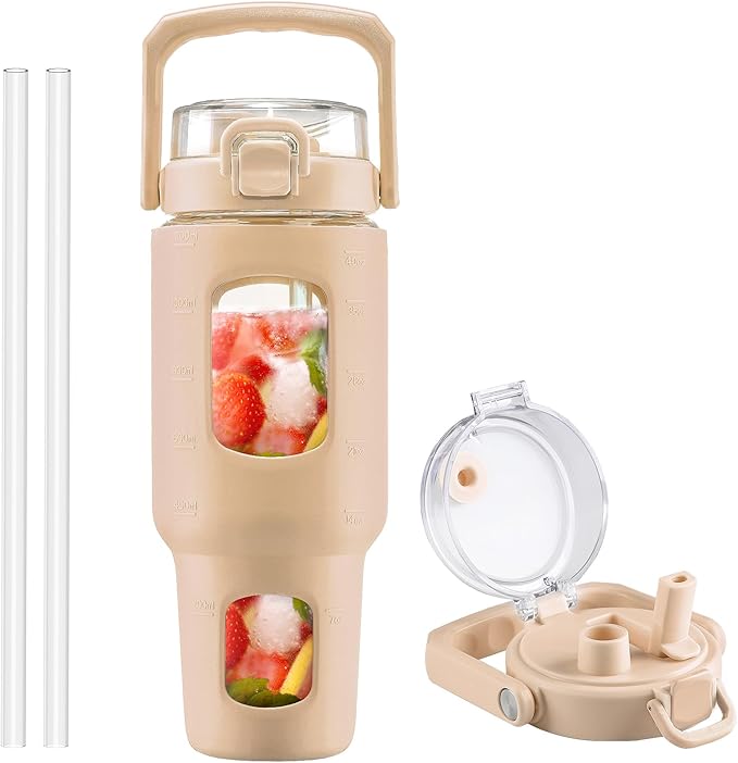 BLUEGO 40 oz Glass Water Bottle with Straw, Leakproof Glass Drinking Bottle with Time Marker and Silicone Sleeve, Wide Mouth Water Bottle for Travel, Gym, Workout, Amber