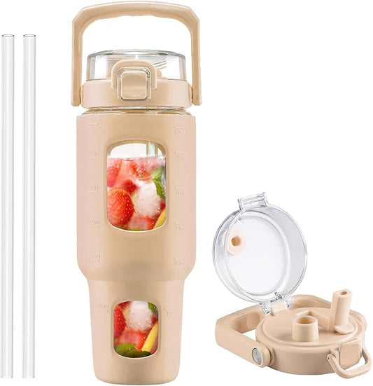 BLUEGO 40 oz Glass Water Bottle with Straw, Leakproof Glass Drinking Bottle with Time Marker and Silicone Sleeve, Wide Mouth Water Bottle for Travel, Gym, Workout, Amber