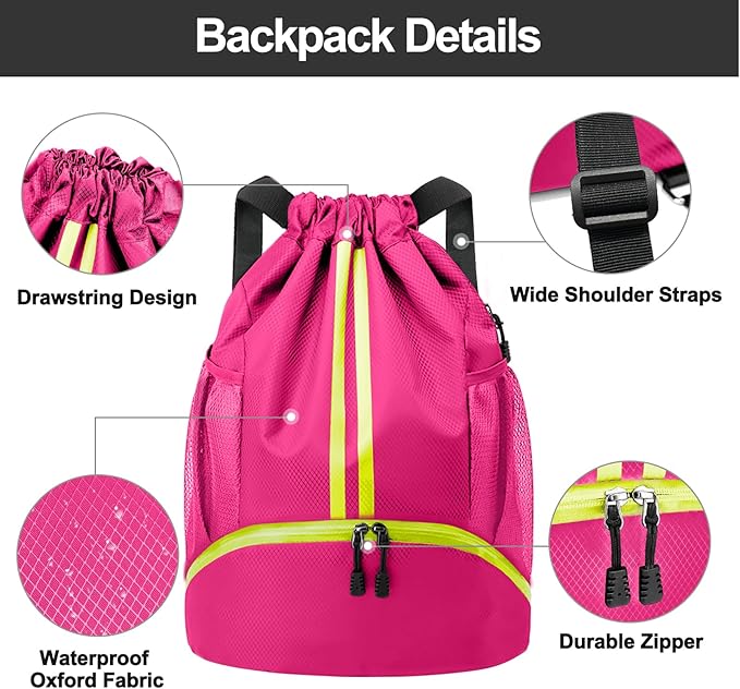 Hoedia Sports Drawstring Backpack - String Swim Gym Bag with Shoes Compartment and Wet Proof Pocket for Women and Men