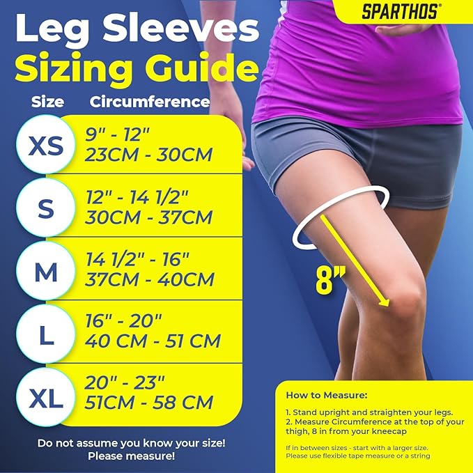 Sparthos Leg Compression Sleeves - Aid in Recovery and Support Active Lifestyle - Innovative Breathable Elastic Blend - Anti Slip, Day & Night Wear
