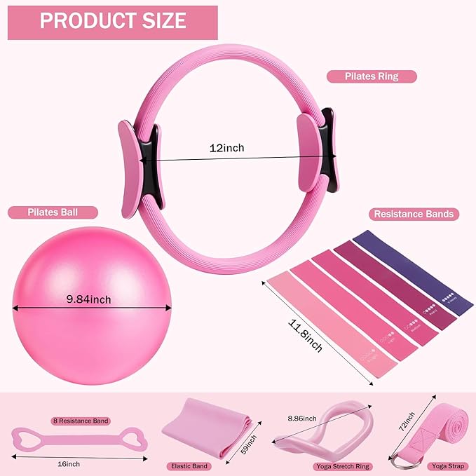 Home Pilates Essentials Kit for Women Pink Ring and Ball Pilates Set Equipment, Magic Circle with 5 Resistance Bands Premium Accessories Kits for Starter Toning Workouts at Home