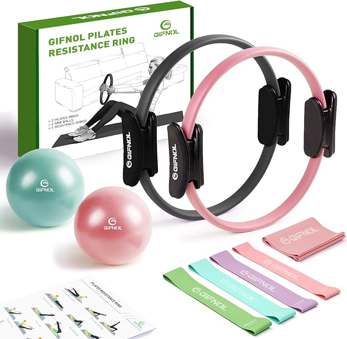 Pilates Ring and Ball Set with Resistance Bands - Pilates Equipment for Home Workout - 14'' & 12'' Pilates Rings, 2 Pilates Balls, 5 Resistance Bands for Toning Arms, Thighs/Legs & Core