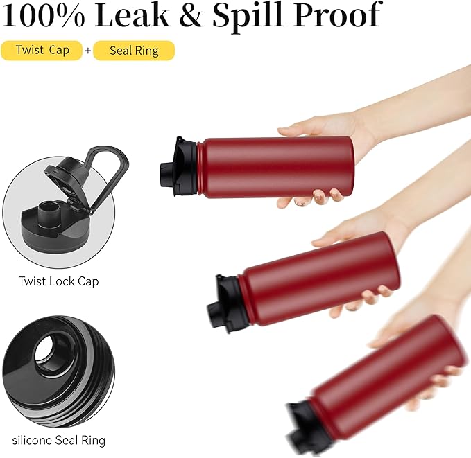 24 oz Insulated Water Bottle Bulk 4 Pack, Stainless Steel Sports Water Bottles with Straw Lid & Wide Mouth Lids, Double Walled Vacuum, Leak Proof, Red