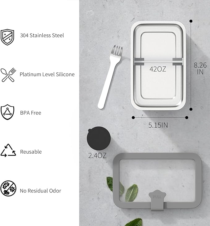 Stainless Steel Bento Box for Adult, 42oz Leak-Proof Lunch Box Containers with Adjustable Divider, Microwave-Safe, Metal Lunchbox with Glass Lid for Work Travel, Silver