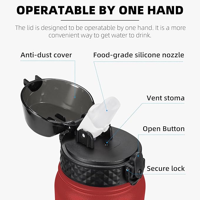 Fanhaw 32 Oz Stainless Steel Insulated Sports Water Bottles with Straw for Kids, Men and Women (Red)