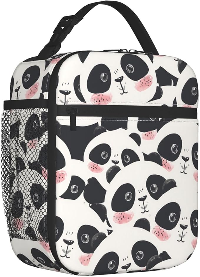 Cute Panda Face Lunch Box for Kids Adults, Tote Bag with Adorable Black and White Animal Print, Insulated Lunchbox Gifts, Reusable Cooler Lunchboxes for Office, School, Picnic, Travel