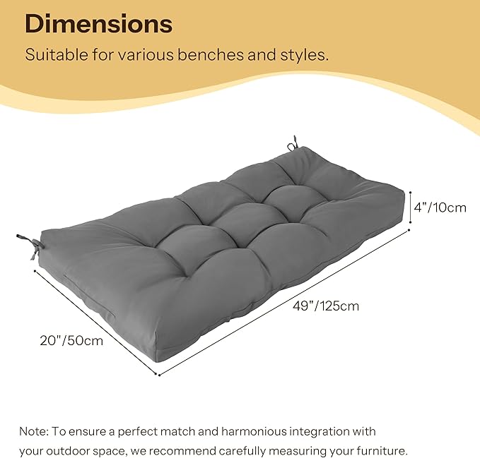 Waterproof Outdoor Bench Cushion 49"X20"X4" Comfortable Outdoor Chair Cushions Tufted Garden Bench Pad UV Resistant and Fade Resistant (1, Light Grey)