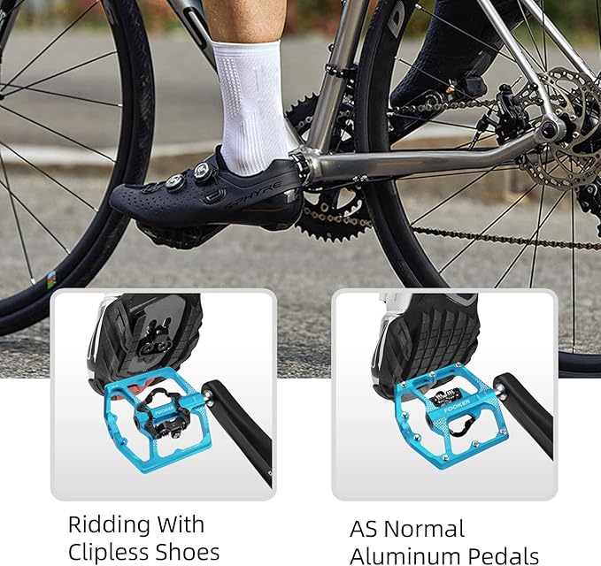 FOOKER MTB Mountain Bike Pedals, Dual Function Flat and Pedal,3 Sealed Bearing Flat Platform Compatible with Clipless Pedal Aluminum 9/16" Pedals with Cleats for Road Mountain BMX MTB