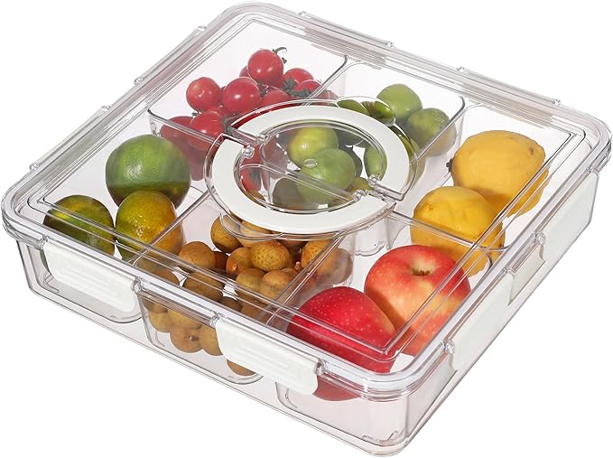 Taiuloo Divided Serving Tray with Lid & Handle, Airtight 6 Compartment Snackle Box Charcuterie Container, Fridge Organizer Bins, Food Storage Container Veggie Tray for Snack, Fruit, Candy, Nuts