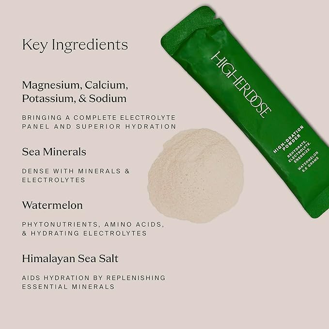 HigherDOSE HIGH-DRATION Electrolytes Powder – Replenishes & Energizes with Real Watermelon, Magnesium, Vitamin Complex & Coconut Water – Post Workout Recovery - No Added Sugar (30 Servings)