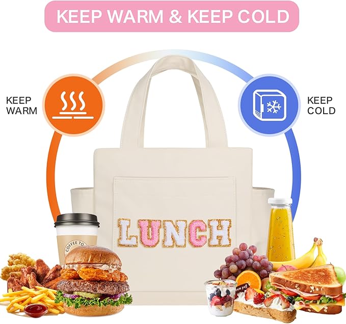 Joymee Leather Lunch Box Lunch Bag for Women Adult Insulated Reusable Leakproof Large Spacious Lunch Cooler Lunch Tote Bag with Bottle Holder and Side Pockets for Work Picnic Beach (Letter LUNCH)