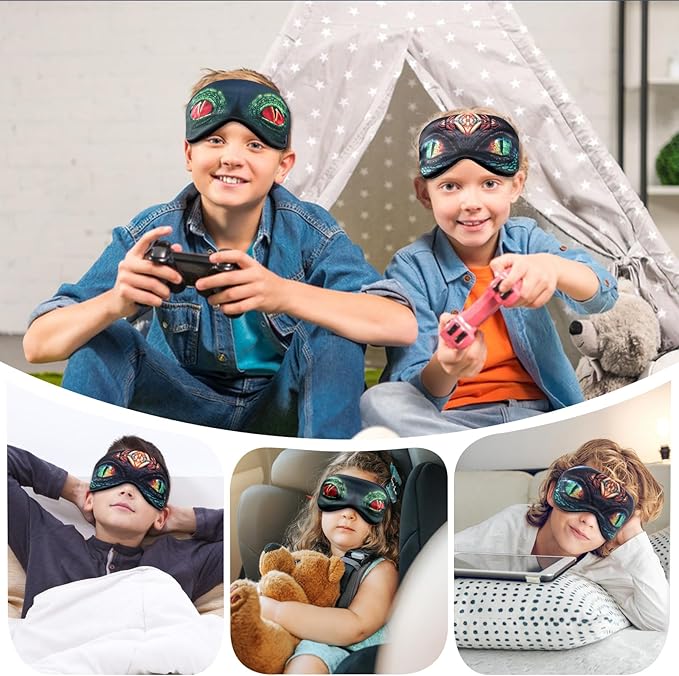2 Pcs Sleep Mask for Kids Boys, Silk Eye Covers for Sleeping, Adjustable Strap & Light Blocking Design, Adult Children's Bedtime Blindfold for Travel and Home Use (Red Dinosaur Eyes)