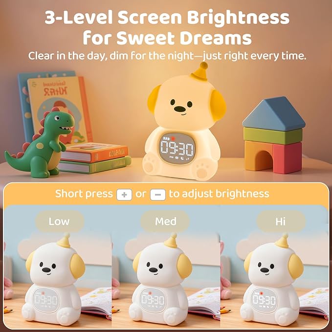 Dog Alarm Clock with Night Light for Kids with Sleep Training and Sound Machine, Rechargeable Silicone Lamp OK to Wake Clock，Cute Animal Tabletop Lamp, Perfect Sleep Companion for Boys Girls