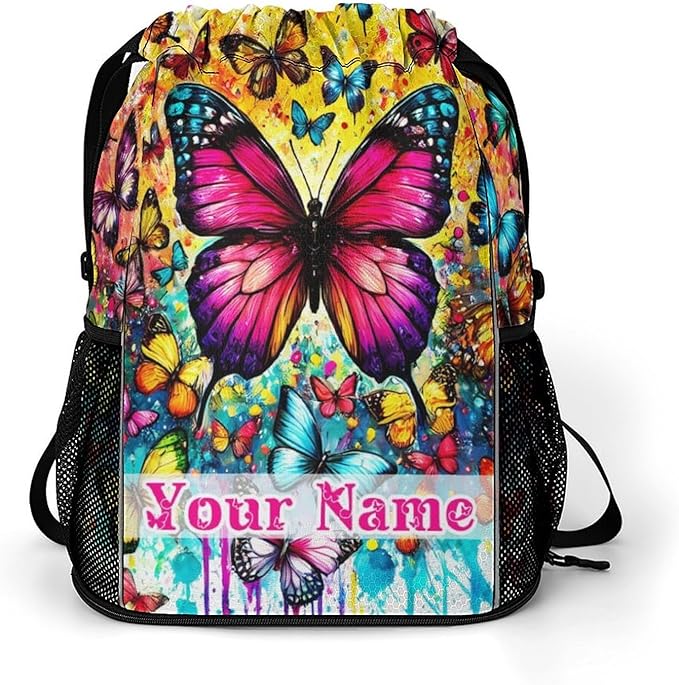 Custom Butterfly Drawstring Backpack - Cute Cinch Sack, String Backpacks with Pocket for Kids Boys Girls Women Men for Gym Outdoor Sports Travel Athletic Drawstring Bag - Lightweight/Foldable