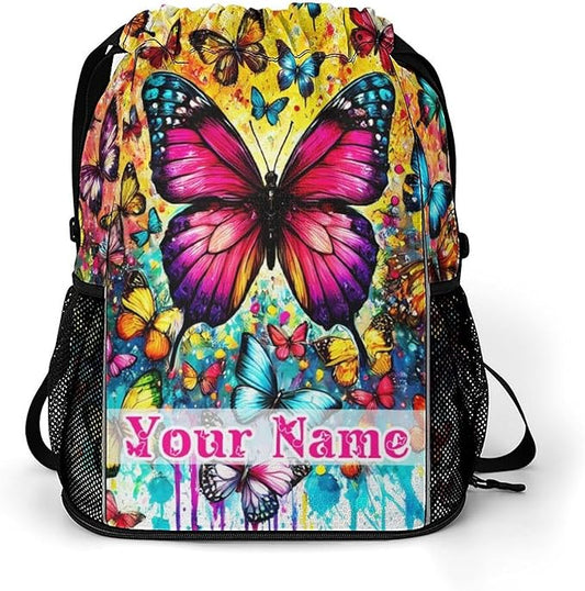 Custom Butterfly Drawstring Backpack - Cute Cinch Sack, String Backpacks with Pocket for Kids Boys Girls Women Men for Gym Outdoor Sports Travel Athletic Drawstring Bag - Lightweight/Foldable