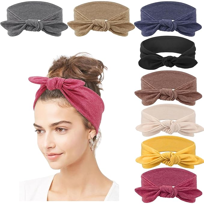 DRESHOW 8 Pack Adjustable Knotted Headbands Non Slip Elastic Yoga Hair Bands Solid Colors Headbands for Women and Girls