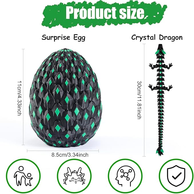 11.81" 3D Printed Mystery Dragon Egg - Glow-in-The-Dark Articulated Dragon, 3D Dragon Fidget Sensory Toy, Kids Dragon Toy for 4+, Birthday Gift & Home Decor for Boys & Girls
