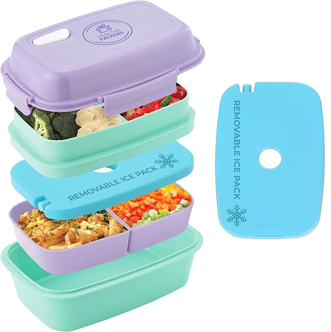 Ultimate Bento Box - Lunch Box for Kids & Adults with Removable Ice Pack - Leakproof, Multi-Compartment Food Container with Removable Containers - Microwave & Dishwasher Safe(Purple, Green, Purple)