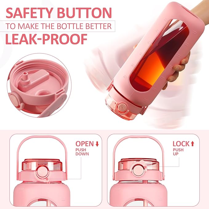 BLUEGO 64oz Glass Water Bottles with Straw Time Marker Half Gallon Large Motivational Water Bottle with Silicone Sleeve 2 Liter Large Glass Water Jug for Gym, Sports& Workout, Daily, Pink