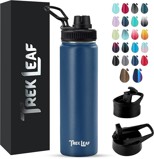 Travel Water Bottle with 3 Lids (Spout, Straw, Flip) Leak Proof, Quality, Vacuum Insulated, Stainless Steel (Navy Blue, 22 oz)
