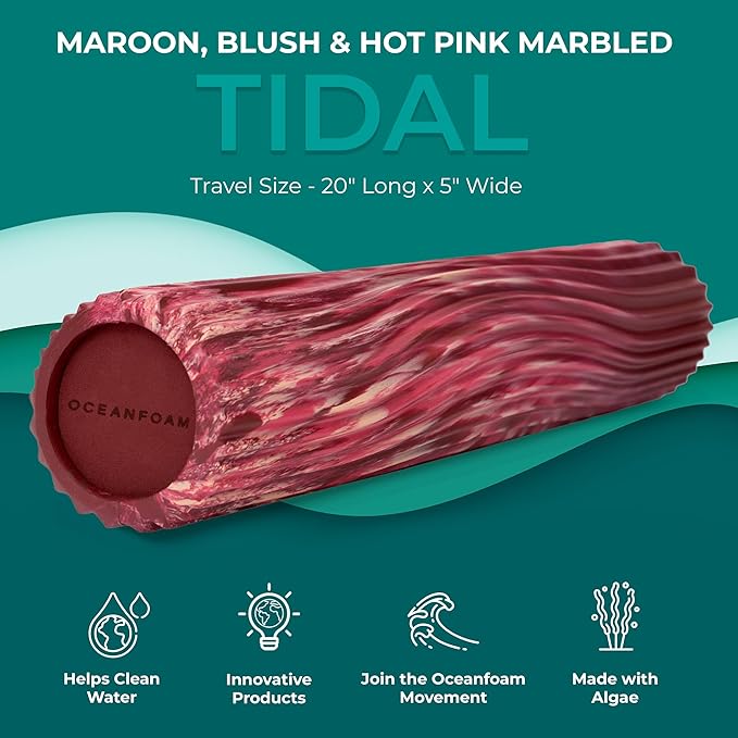 Oceanfoam Tidal Roller - Maroon, Blush & Hot Pink Marbled - Muscle Massage Foam Roller for Back Pain & Stretching - Firm & Ergonomic Wide Wave Textured - Yoga & Athletics - Full Size, 20" x 5"
