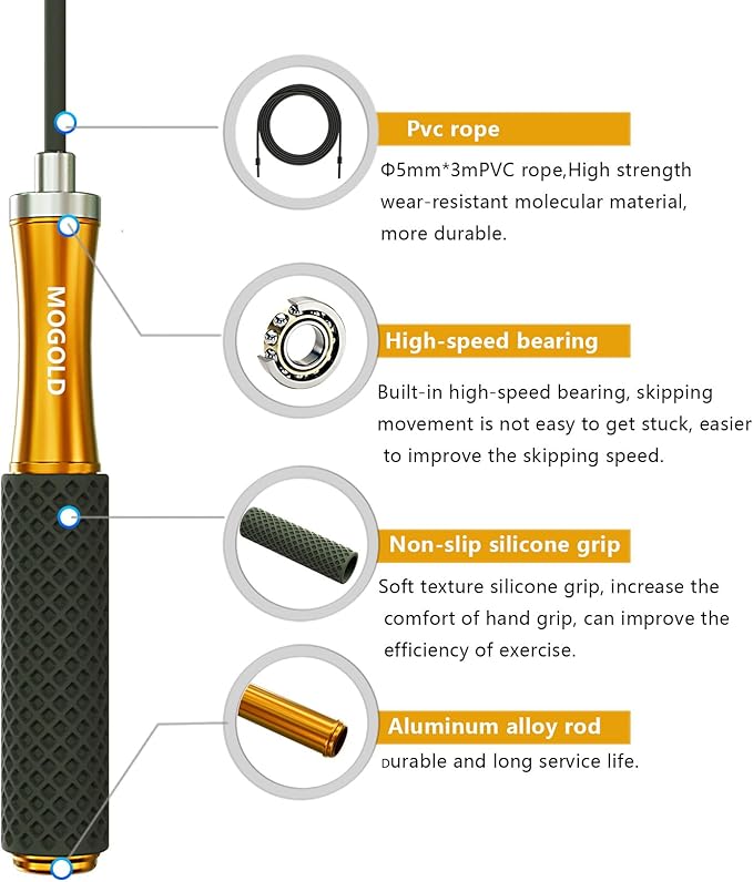 5mm PVC Jump Rope For Men Women - Dual Ball Bearing -Metal Handle Core Covered Rubber Grip- Adjustable 10ft long Skipping Rope - Good For Workout Fitness Weight loss
