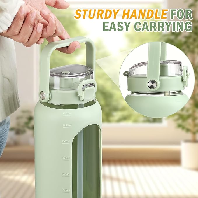 BLUEGO 64oz Glass Water Bottles with Straw Time Marker Half Gallon Large Motivational Water Bottle with Silicone Sleeve 2 Liter Large Glass Water Jug for Gym, Sports& Workout, Daily, Green