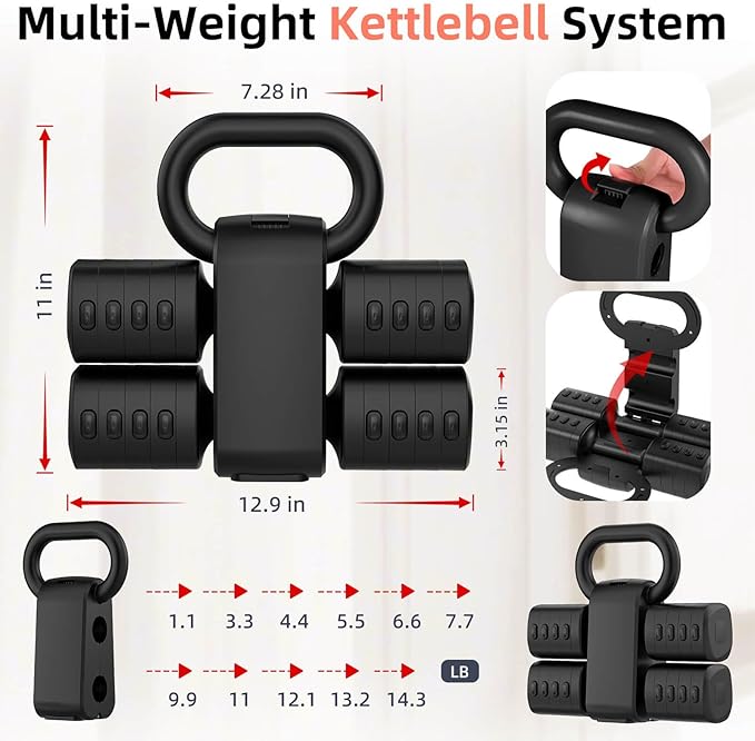 2-in-1 Adjustable Dumbbell Set, Upgraded 5 Levels Heavier Hand Weights for Women Men, Each 2.2/3.3/4.4/5.5/6.6lb, Convertible Weights Dumbbells and Kettlebell Set for Home Gym Exercise & Fitness