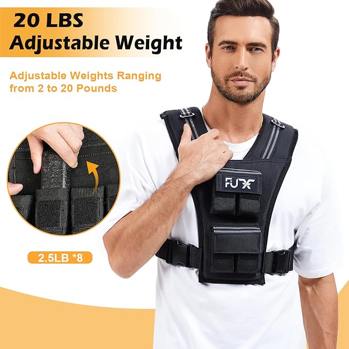 FUFF Adjustable Weighted Vest for Men,20lbs/30lbs/40lbs Vest for Strength Training,Weight Vest with Reflective Strip for Running Walking Exercise Workout