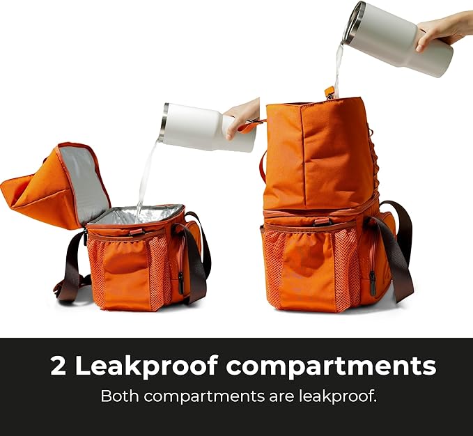 Dual Compartment Insulated Lunch bag, with 2 Leakproof Compartments & Roll-top, 13L lunchbox for work (Black)