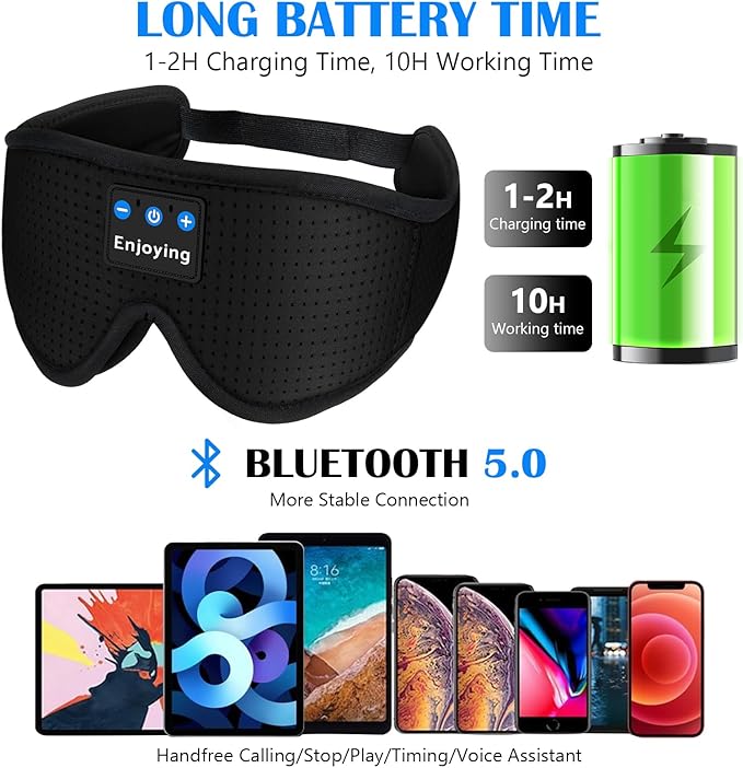 Sleep Headphones, Sleep Mask Bluetooth Wireless Music Eye Mask, Sleeping Headphones for Side Sleepers Sleep Mask with Bluetooth Headphones Ultra-Thin Stereo Speakers for Sleeping (Black)