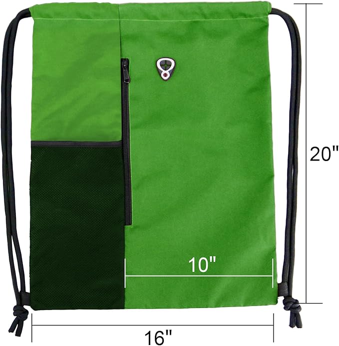 BeeGreen Bright Green Drawstring Backpack Gym Bag For Men & Women – Sports Sackpack with Mesh Water Bottle Holder & 2 Zippered Pockets – Large 16x20 Inch Cinch String Backpack