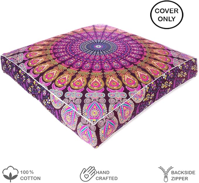 Eyes of India - Mandala Floor Pillow Cover Meditation Cushion Seating Throw Hippie Round Colorful Decorative Bohemian Indian Pouf Ottoman Handmade Cover ONLY (Purple 2, 35" x 35")