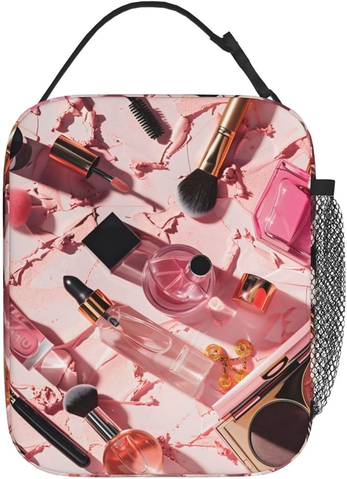 Insulated Lunch Box for Women Men, Pink Makeup Theme Lunch Box Reusable Portable Lunch Bag Cooler Tote Waterproof Lunch Container for Office Picnic Work Travel